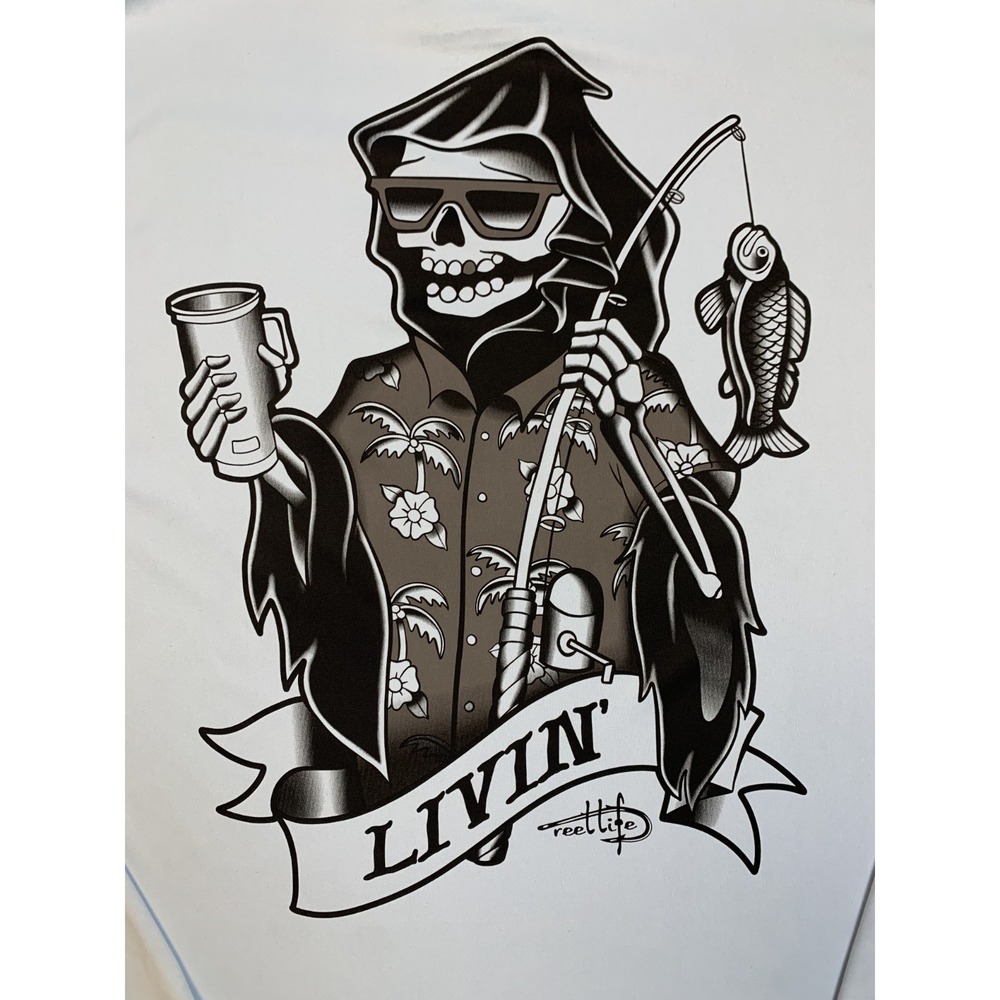Reel Life Hoodie Mens M Fishing Graphic Skeleton Livin UPF Sun Shirt